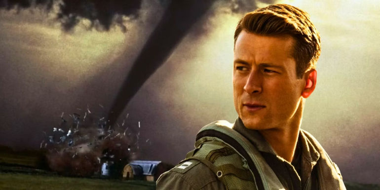 Glen Powell looking sideways in Top Gun Maverick and a tornado in Twister