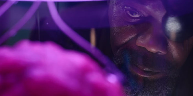 Samuel L. Jackon's Nick Fury looks at Flerken egg in The Marvels