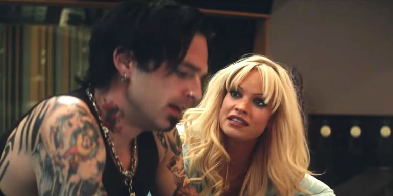 Tommy Lee (Sebastian Stan) and Pamela Anderson (Lily James) arguing in Pam & Tommy
