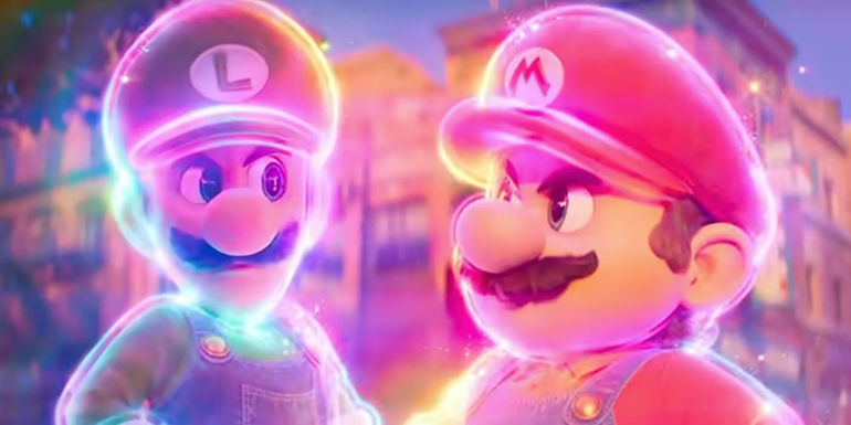 Mario and Luigi looking at each other with Super Star abilities in The Super Mario Bros. Movie.