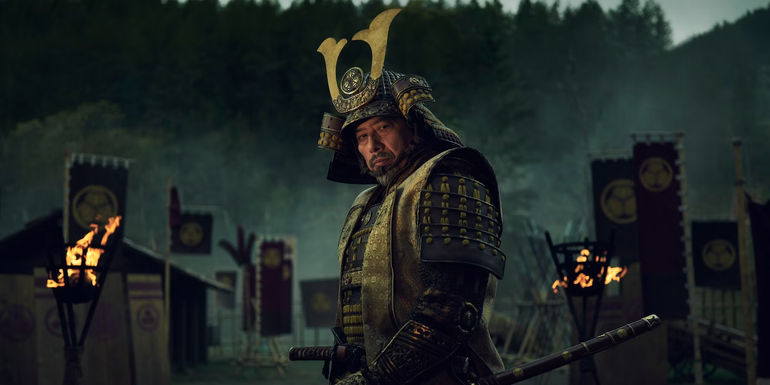 Toranaga wearing battle gear turns to look forward in Shogun