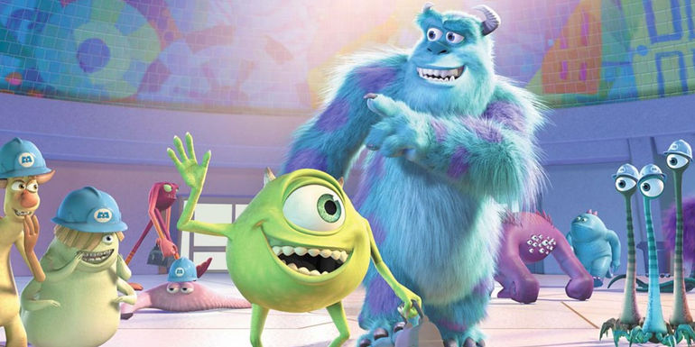 Mike and Sulley smiling and waving at their colleagues on the Scare Floor in Monsters, Inc.