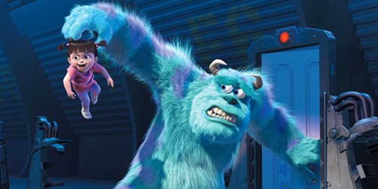 Sulley holding Boo at arm's length in Monster's, Inc. and looking scared