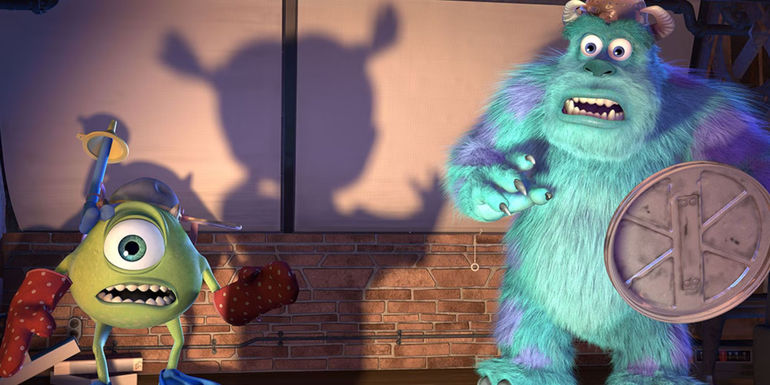 Mike and Sulley in Monsters, Inc. looking scared at Boo's shadow