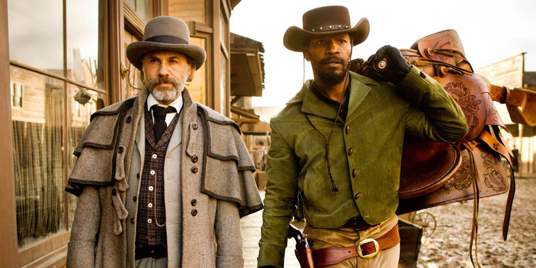 Django and Dr Schultz walk through a town in Django Unchained