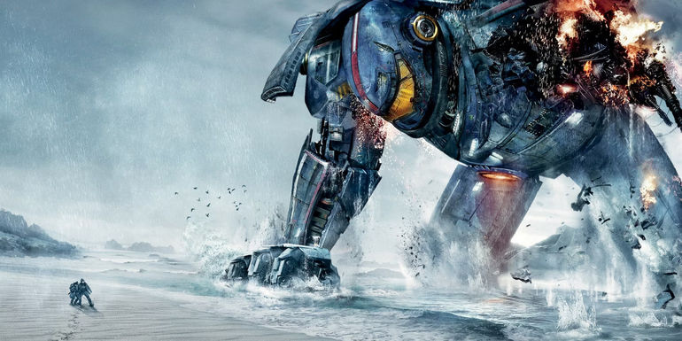 Gipsy Danger collapsing on the beach in Pacific Rim. 