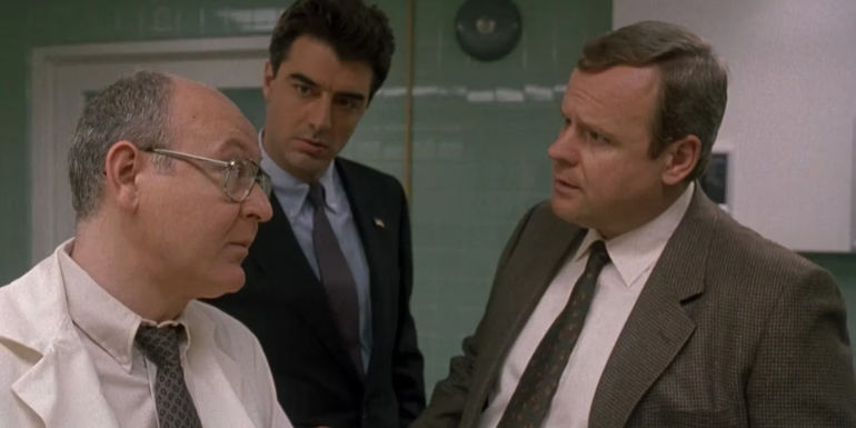 Max Greevey, Mike Logan, and the medical examiner in Law & Order