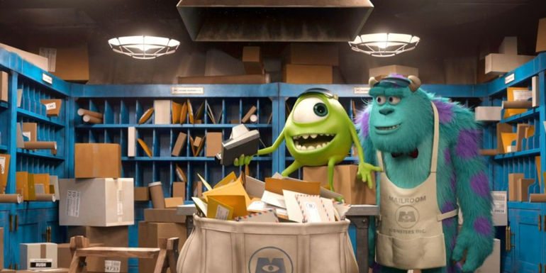 Mike and Sulley work in a mail room in Monsters University