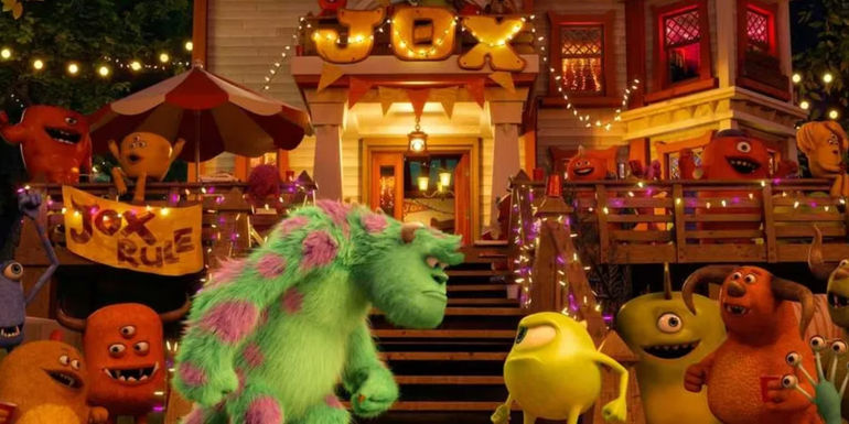 Mike and Sulley fighting outside a JOX party in Monsters University