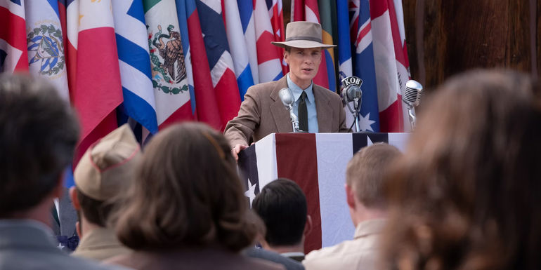 Robert Oppenheimer giving a speech in Oppenheimer