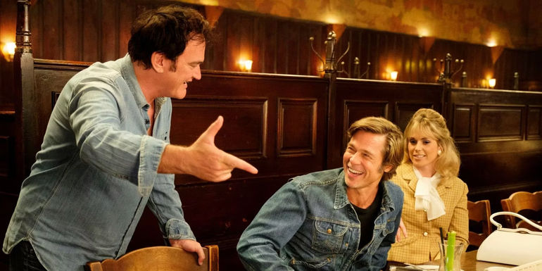 Quentin Tarantino directing Brad Pitt on the set of Once Upon a Time in Hollywood.