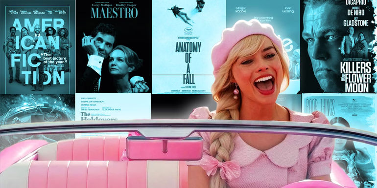 Collage Margot Robbie As Barbie And Posters Of Best Picture Nominated Movies As Background