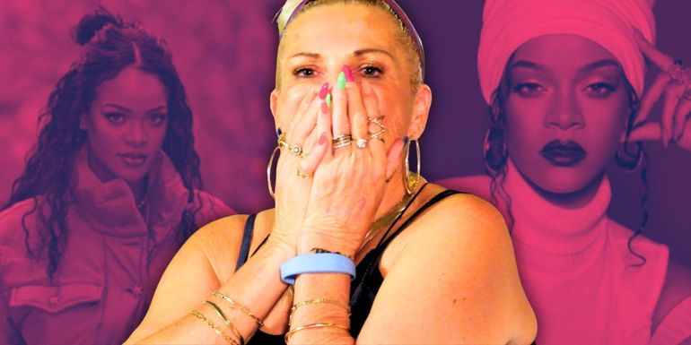 Angela Deem from 90 Day Fiancé and Rihanna pink background surprised expression