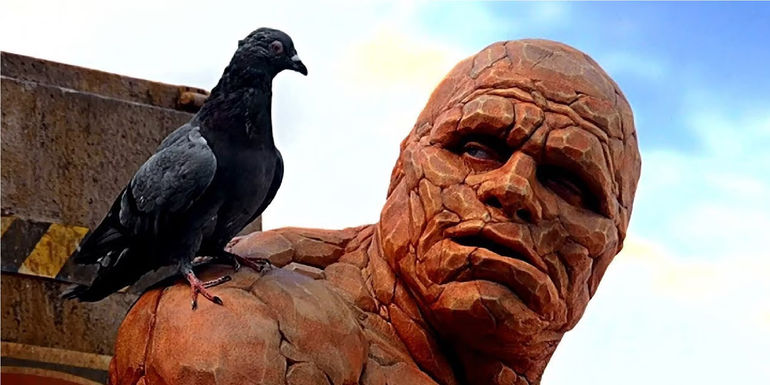 Ben Grimm's The Thing in the 2005 Fantastic Four looking at a pigeon