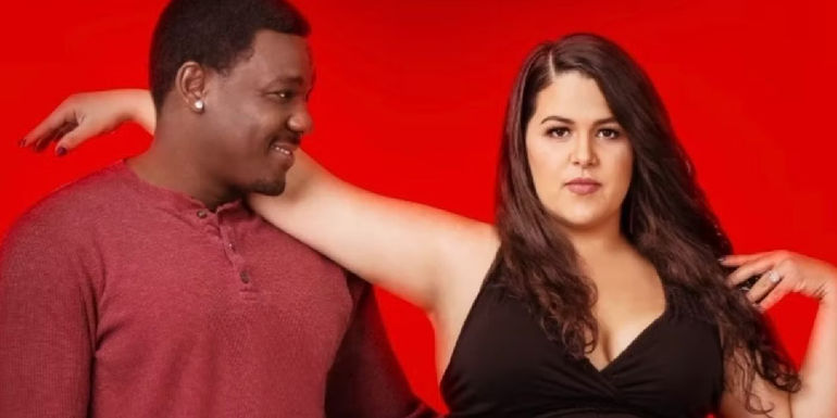 Emily and Kobe on 90 Day Fiance promo shot red background