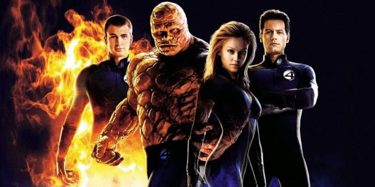 Johnny Storm, Ben Grimm, Sue Storm and Reed Richards on the poster for Fantastic Four