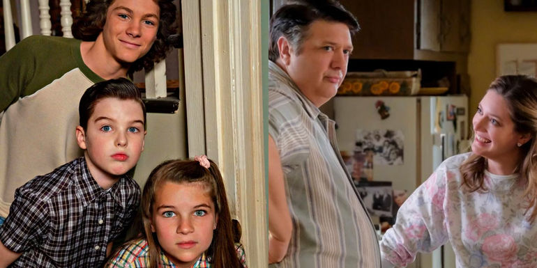 Split image: Sheldon and his siblings on Young Sheldon, Sheldon's parents on Young Sheldon