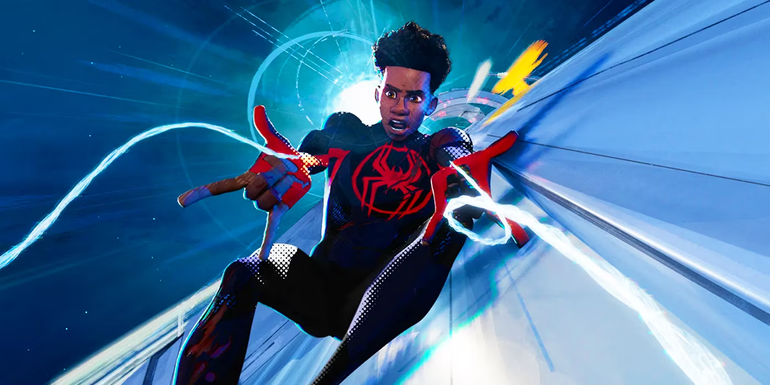 Miles Morales (Shameik Moore) sliding and shooting webs in Across the Spider-Verse