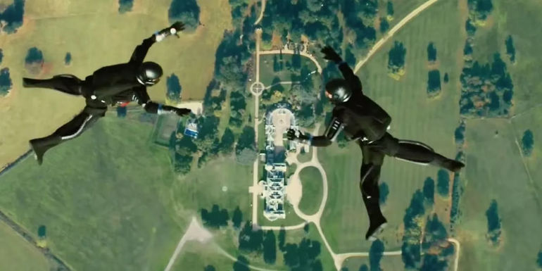 Two skydivers above a country estate in Kingsman