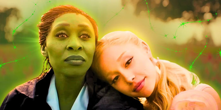 Glinda (Ariana Grande) leans her head on Elphaba (Cynthia Erivo)'s shoulder in Wicked (2024)