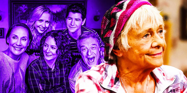 A custom collage of John Goodman's Dan, Sara Gilbert's Darlene, Laurie Metcalf's Jackie, Lecy Goransson's Becky, and Michael Fishman's DJ beside a close up of Estelle Parsons's Beverly in The Conners