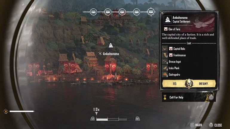 The settlement capital of Ankohonana through a player Spyglass in Skull and Bones