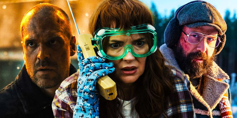 Composite image of Hopper, Joyce, and Murray in Stranger Things