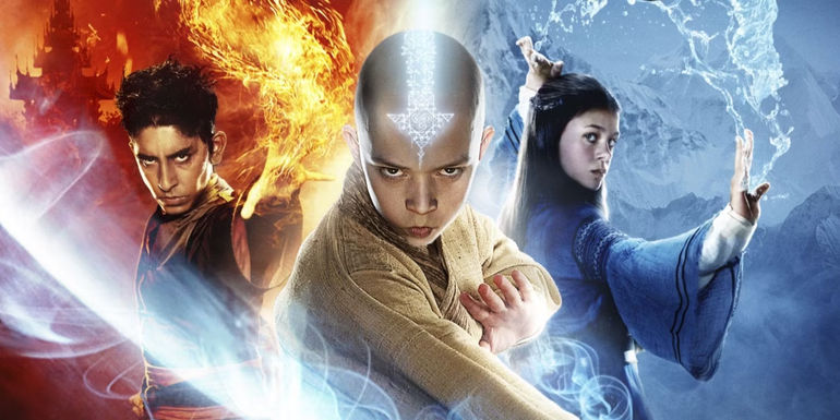 The Last Airbender movies poster with Zuko and Katara on the sides with Aang in the center