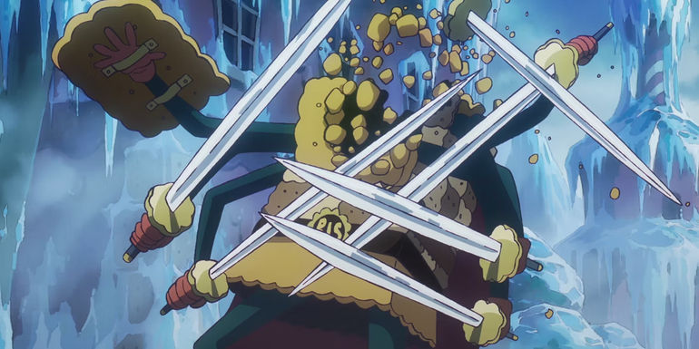 Cracker's biscuit soldier is destroyed by a shot from Van Augur in One Piece