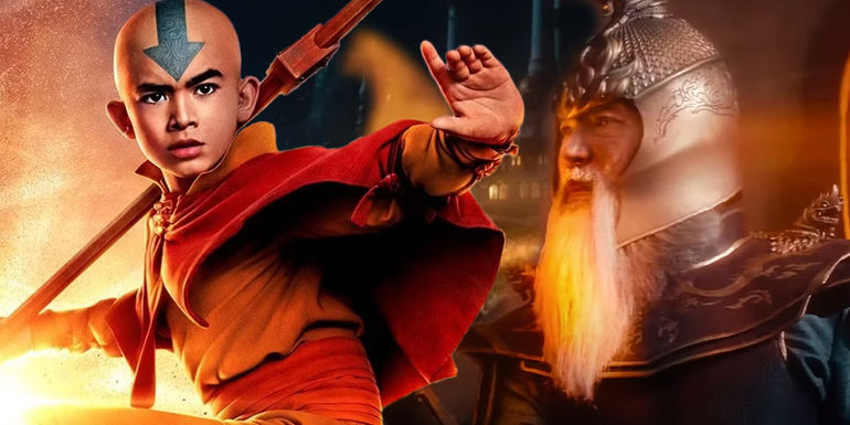 Fire Lord Sozin bending fire in Netflix's Avatar: The Last Airbender next to Aang's poster