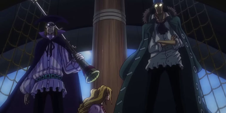 Screenshot from One Piece anime episode 1093 shows Blackbeard Pirates Van Augur and Kuzan towering above Pudding while standing one a pirate ship.