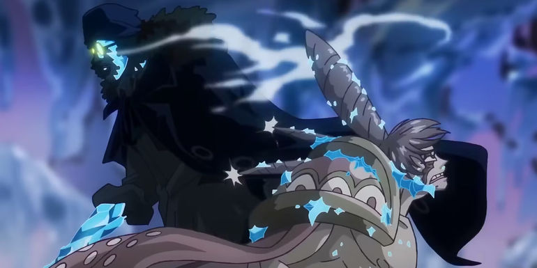 Screenshot from One Piece anime episode 1093 shows Kuzan easily overpowering Big Mom pirate Cracker by freezing him. Cracker is fainting colored with grey while blue ice begins to form around him while Kuzan is shaded almost like a silhouette with glowing eyes.