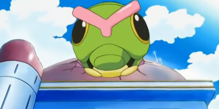 Pokemon: A giant Caterpie breaks through the roof of a building.