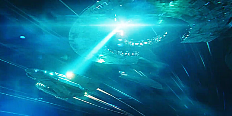 The USS Mutari holds an escaping starship in a tractor beam in Star Trek: Discovery season 5