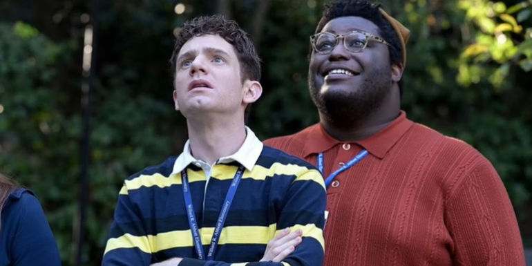 Jacob and Zach looking up at something in Abbott Elementary