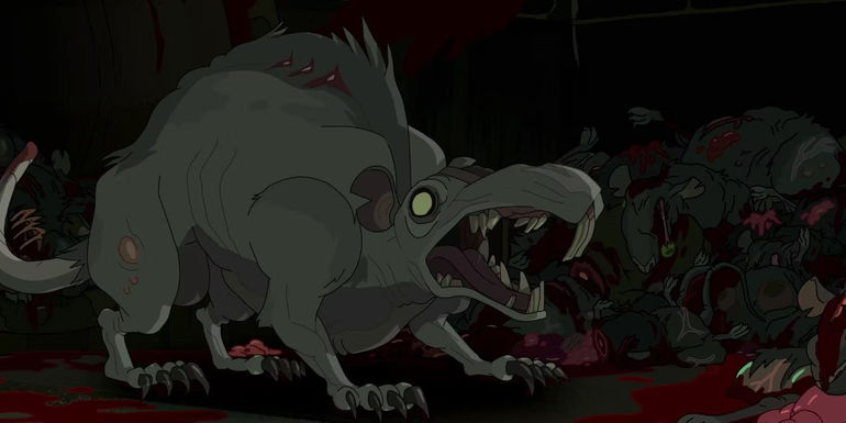 A large white rat screeching in Rick and Morty.