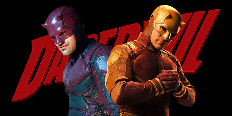 Daredevil from the Netflix show and Daredevil from She-Hulk side-by-side above the Daredevil logo