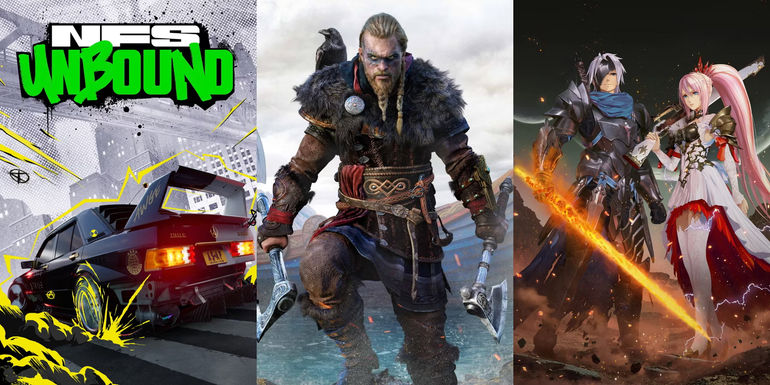 The key visuals for Need for Speed: Unbound, Assassin's Creed: Valhalla, and Tales of Arise as February 2024's new PS Plus games.
