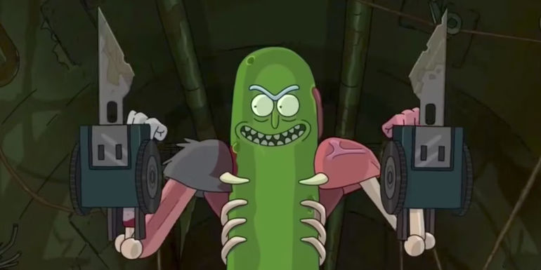 Pickle Rick smiling and holding up weapons in Rick and Morty. 