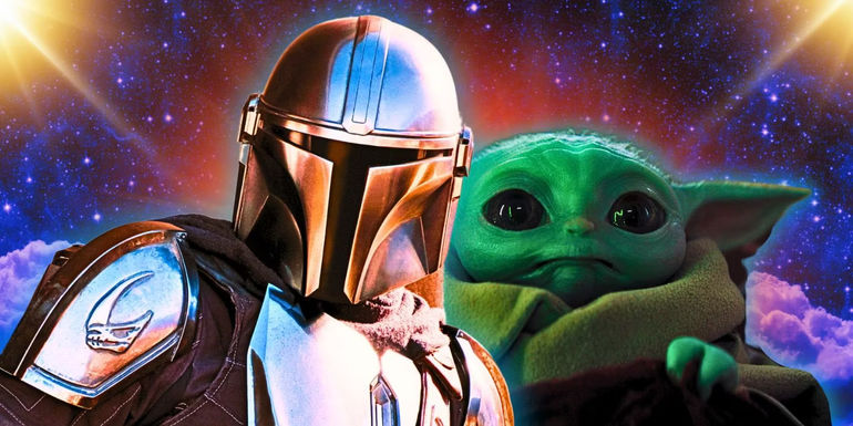 Din Djarin and Grogu from The Mandalorian superimposed over a starry background