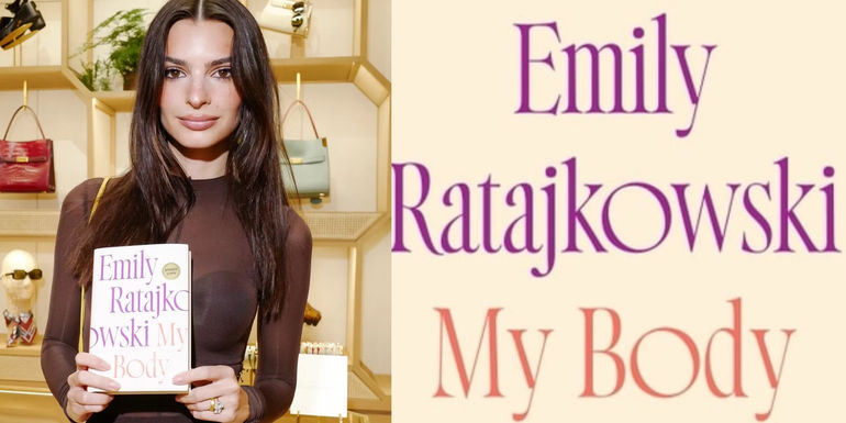 A split image of Emily Ratajkowski holding her book, My Body by Emily Ratajkowski, and the book cover 