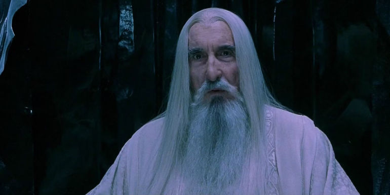 Christopher Lee as Saruman looking intensely in Lord of the Rings