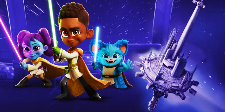Kai, Lys and Nubs in Star Wars: Young Jedi Adventures with a picture of Starlight Beacon