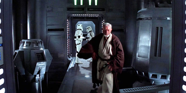 Obi-Wan Kenobi (Alec Guinness) avoiding stormtroopers while fleeing the tractor beam on the Death Star in the original Star Wars