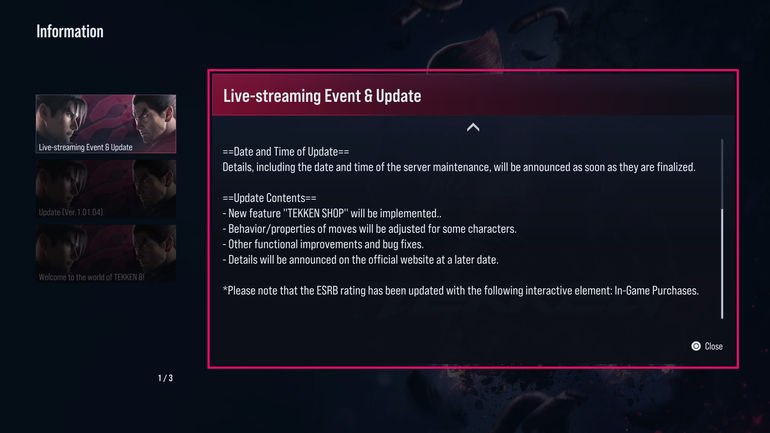 A screenshot of the message announcing Tekken 8's upcoming Tekken Shop feature.