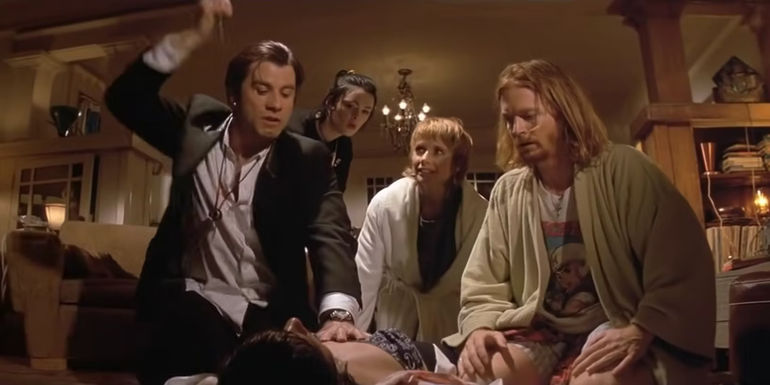 Vincent gives Mia an adrenaline shot in Pulp Fiction