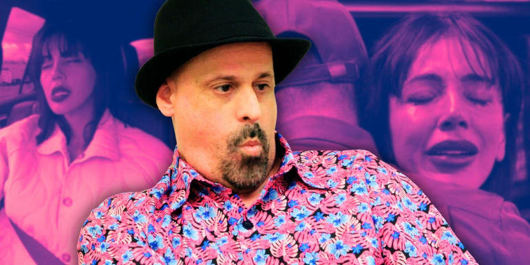 Montage of Gino and Jasmine from 90 Day Fiance. Gino is wearing a printed shirt looking worried while Jasmine cries in photos in the background