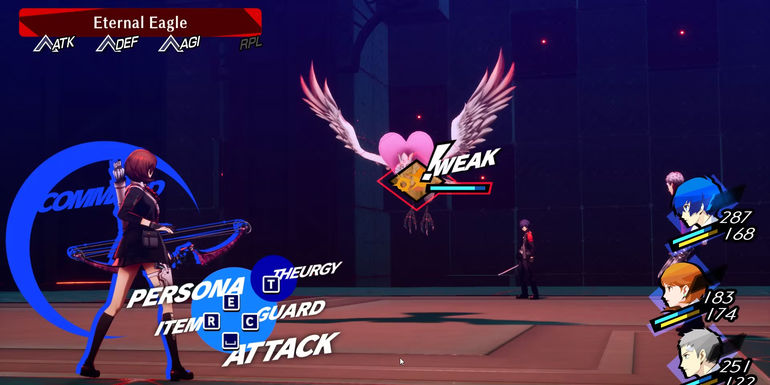Image of Yukari using a Pierce attack on the Eternal Eagle boss in Persona 3 Reload