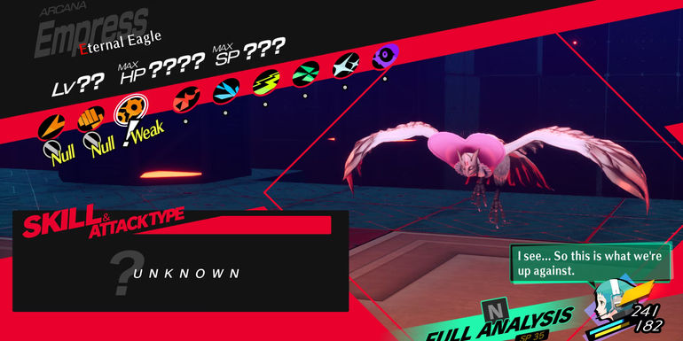 Image of all of the weaknesses and resistances of the Eternal Eagle boss in Persona 3 Reload