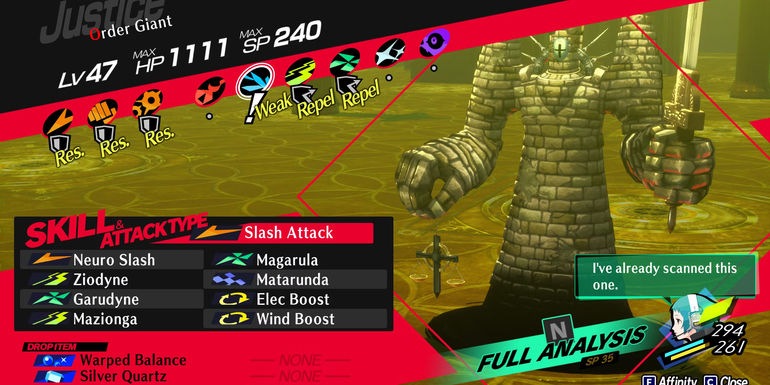 Image of the Order Giant enemy's weaknesses and resistances in Persona 3 Reload